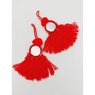 Mirrored Red Wool Tassels, Red Pompom Mirror Tassel, Handmade Latkan Boho